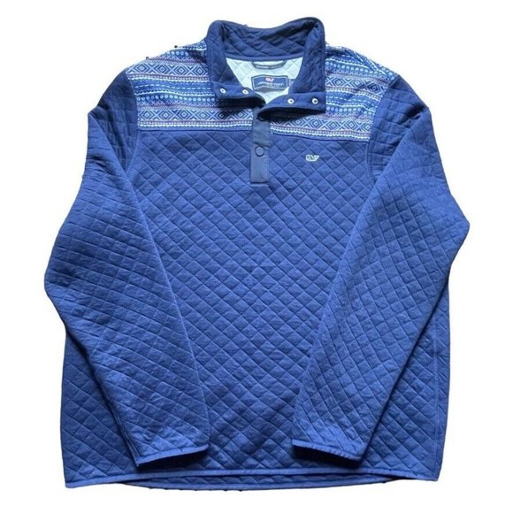 NWOT Vineyard Vines Holiday Fair Isle Fleece Pullover Sweater Snap Blue XXL Men - Picture 1 of 10
